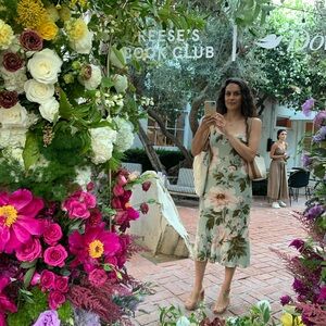 Reformation Floral Slip Midi Dress in Sage Green and Pink